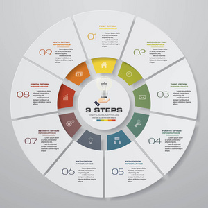 现代9步过程。简单可编辑的饼图设计图表元素。Eps10