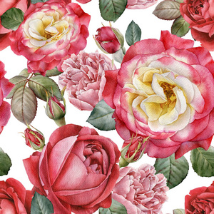 花卉无缝图案与水彩玫瑰和牡丹