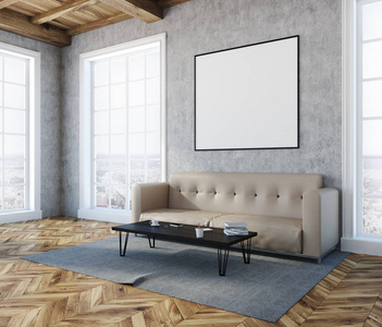 混凝土墙客厅内有柔软的米色沙发, 茶几和墙上的镜框海报。侧面视图。3d 渲染模拟