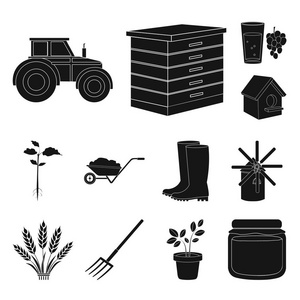 农场和园艺黑色图标集合中的设计。农场和设备矢量符号库存 web 插图