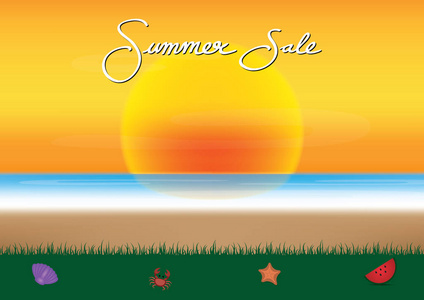 夏季促销季节与日落和海海滩背景