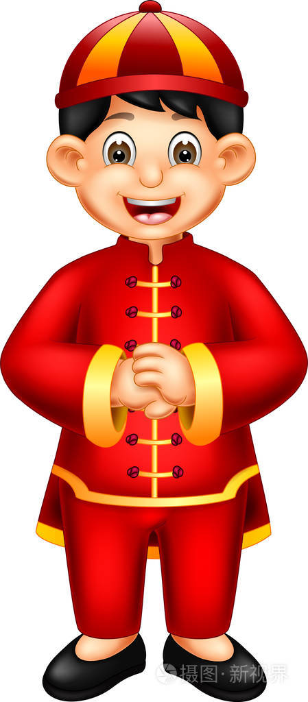 英俊的中国男孩卡通站立与微笑