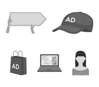 棒球帽，手 笔记本电脑 购物袋中的指针。广告，在单色风格矢量符号股票图 web 设置集合图标