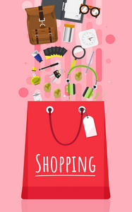 购物袋与时尚项目, 小工具和衣服在粉红色背景