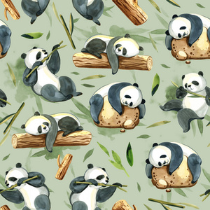 不同熊猫和树叶的水彩无缝图案