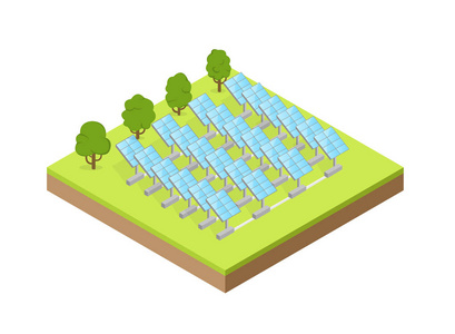 太阳能板替代太阳能源发电。等距建筑的矢量图解