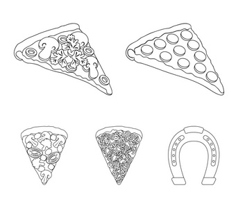 有不同配料的披萨片。不同的比萨集合图标在大纲样式矢量符号股票插画网站