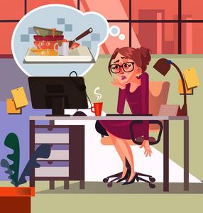 伤心不开心的女秘书想家工作的脏盘子.矢量平面卡通插画照片