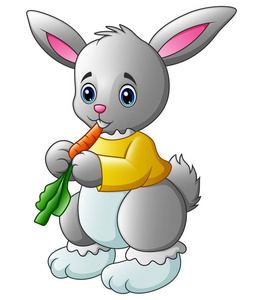 卡通兔子在白色背景下吃胡萝卜的矢量图解照片