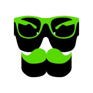胡子和眼镜标志。矢量.绿色3d 图标, 黑色边