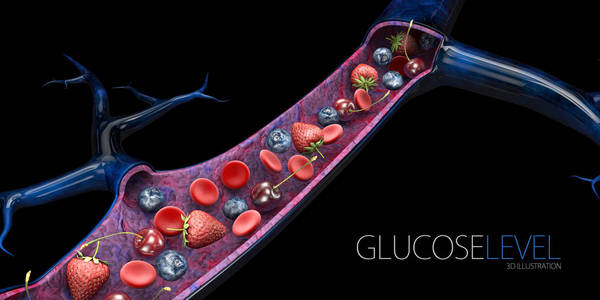 血糖水平或血糖水平。有水果和红血球的血管, 3d 插图