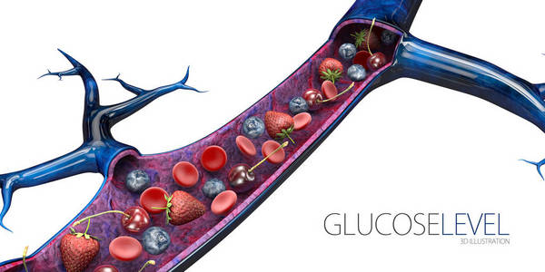 3d. 血糖水平或葡萄糖水平的图示。有水果和红血球的血管, 隔离的白色