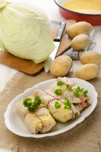 白菜卷, 肉和米饭在盘子里, 传统菜肴