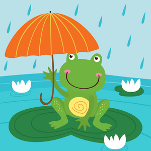 躲雨青蛙躲雨下伞矢量插画, eps照片