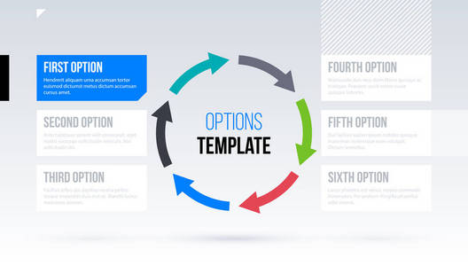 有六个选项的圆形箭头模板在白色背景优雅的技术风格