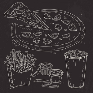 涂鸦矢量集快餐, 比萨饼, 酱油和薯条