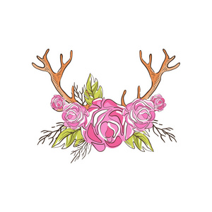 鹿角粉红色玫瑰花, 手绘花卉组成与鹿角矢量插图在白色背景上照片