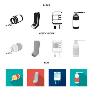 药片, 吸入器, 带血的容器, 喷雾。医学集合图标黑色, 平, 单色风格矢量符号股票插画网站