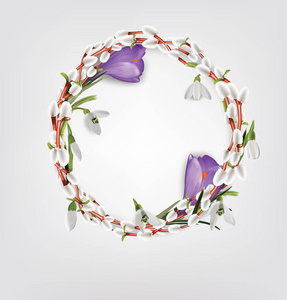 由枝, 番红花, 雪花莲制成的花环。矢量插图