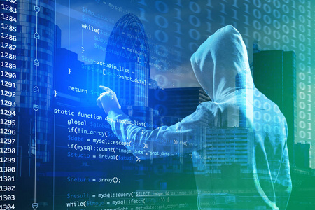 网络攻击与安全的概念僵尸道男子穿帽衫黑客服务器在黑暗的房间