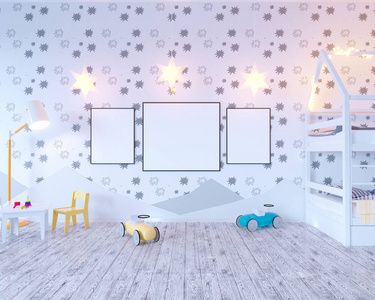 模拟海报儿童的彩色房间, 与灯泡。3d 插图工作室, 模板, 上, 墙, 白色