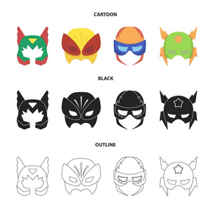面具在头上头盔面具超级英雄集合图标在卡通, 黑色, 轮廓风格矢量符号股票插画网站