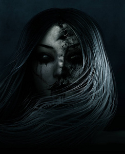 驱魔人在她的 face,3d 渲染概念 b 的幽灵妇女与缝合伤口照片