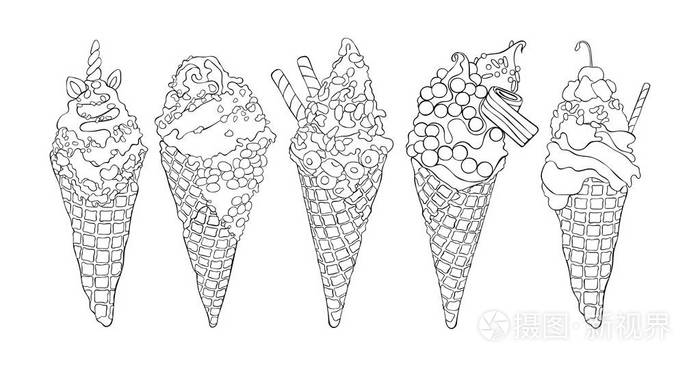 冰淇淋.设置.黑白图画.白色背景上的孤立向量对象
