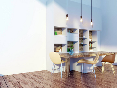 餐厅和厨房内墙模拟白色背景, 3d 渲染, 3d 插图