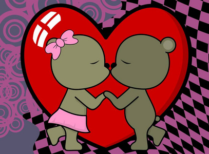 甜蜜的爱婴孩男孩和女孩亲吻熊卡通情人节背景矢量格式很容易编辑