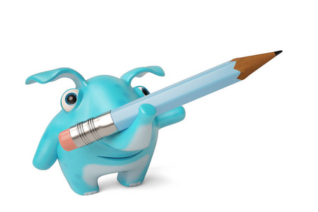可爱的蓝色卡通大象和一支铅笔，3d 图