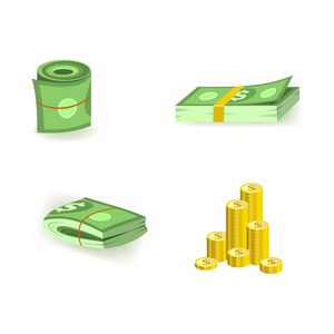 一套卡通货币元素与包装绿色美元纸币和金币