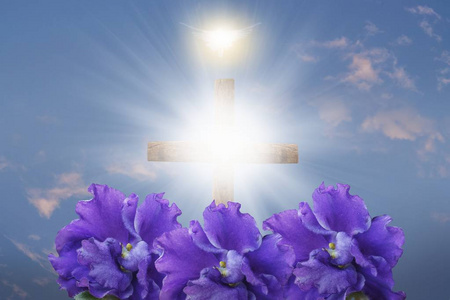 跨在一只鸽子的剪影手和基督教十字架剪影基督教的十字架,在墙上,信仰