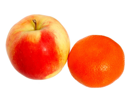 新鲜的红苹果和孤立在白色背景上的橘