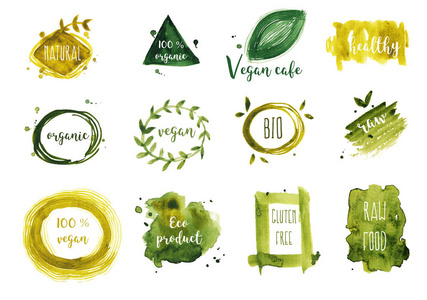 水彩绿色素食徽章和标志在白色隔绝的背景。素食, 生态, 生素, 天然, 生物, 素食食品