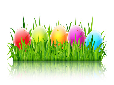 快乐复活节贺卡与五颜六色的玻璃蛋在绿色草