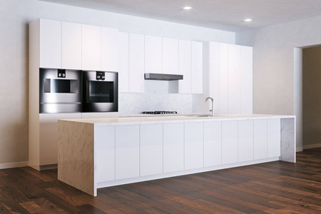 简约白色厨房在新的房间3d 渲染