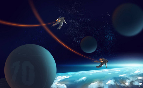 数字插画绘画2名宇航员在地球上的外层空间 jetpack 飞行