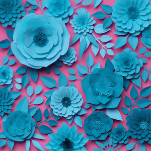 3d 渲染, 工艺纸玫瑰花, 粉红色蓝色花卉图案, 植物学背景, 数字插图, 抽象人造花