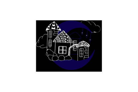 矢量插图。在月球上的魔术房子。蓝月亮。夜城市