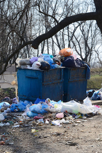 垃圾桶里装满了垃圾和废物。在人口稠密地区过早清除垃圾