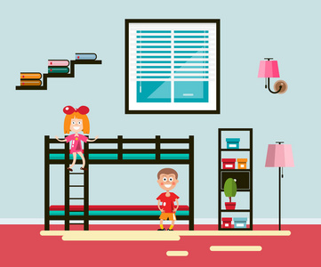 带床和窗户的儿童房。男孩和女孩矢量平面设计家庭内饰插图