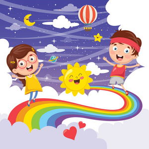 在彩虹上跳跃的孩子的矢量插图