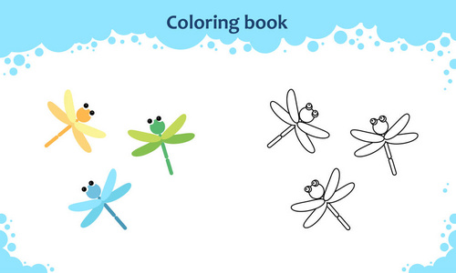 着色书页为孩子。彩色卡通蜻蜓