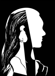 女人头的剪影。一个美丽的女孩长头发的轮廓。黑白矢量图。时尚理念。几何抽象绘图