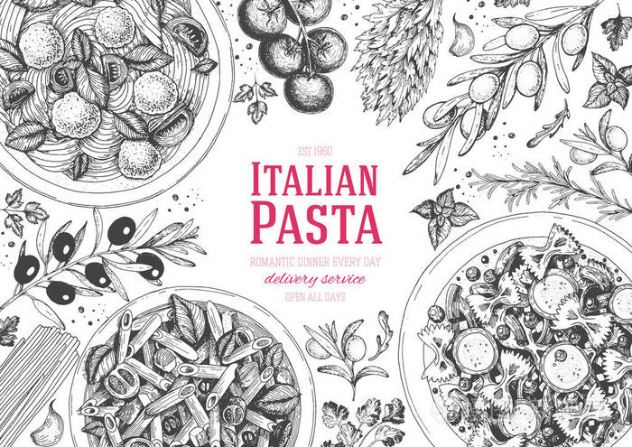 插画 意大利菜框架.一套意大利菜.食品菜单设计模板.