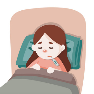 女孩躺在床上与温度计在嘴里, 感觉如此糟糕的发烧, 矢量卡通插图照片