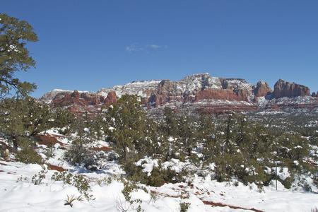 在冬天的红色岩石景观
