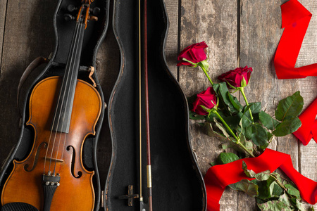 美丽的红玫瑰和小提琴的木质背景