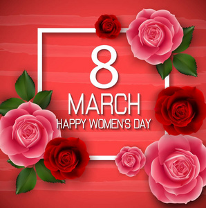 矢量插图3月8日。抽象红花贺卡。国际快乐妇女节, 红色背景广场